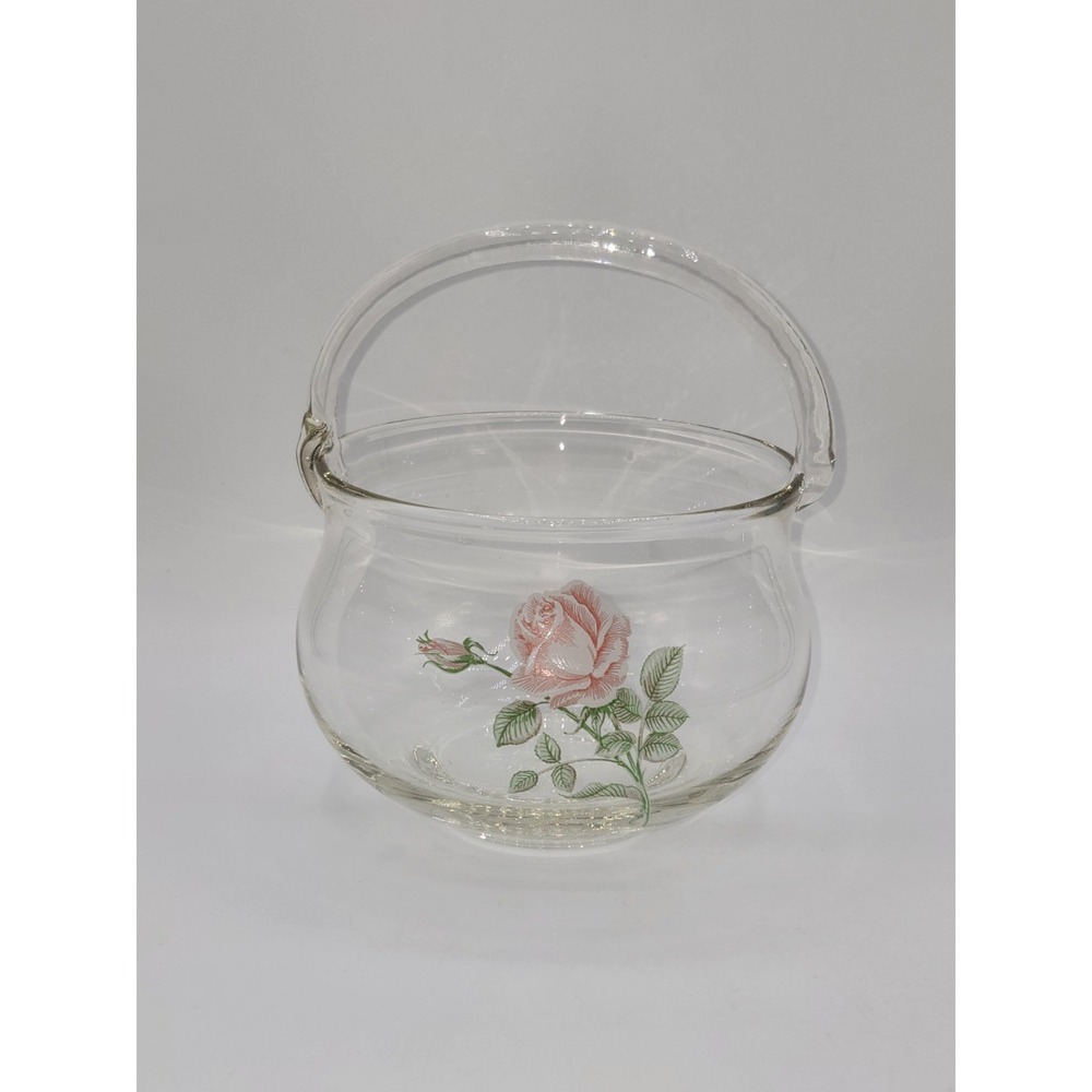European Collection Glass Basket Pink Rose Floral Made in Turkey 7"